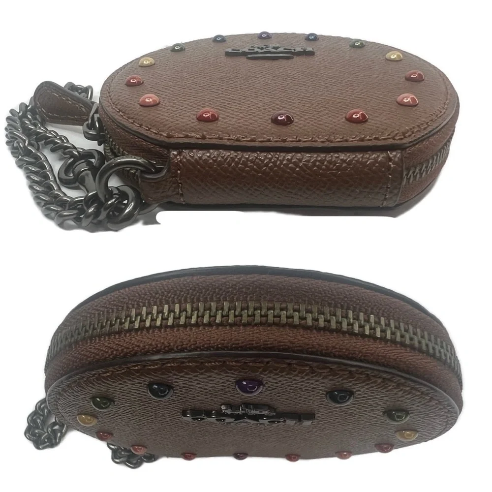 COACH ROUND COIN CASE RAINBOW RIVETS 
DARK SADDLE PRIDE ANTIQUE NICKEL F31574 - Picture 6 of 11